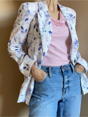 Floral Blazer, White with Pastel Water Color Look